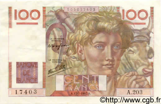 100 Francs JEUNE PAYSAN Favre-Gilly FRANKREICH  1947 F.28ter.01 VZ+
