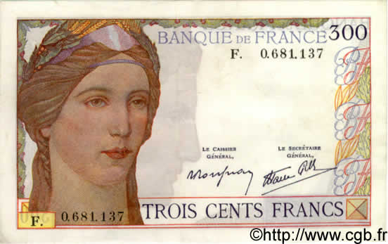 300 Francs FRANCE  1938 F.29.01 AU-