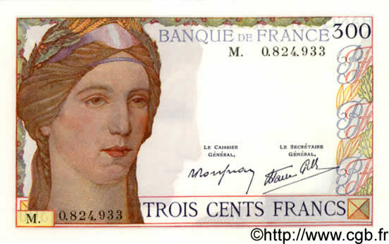 300 Francs FRANCE  1939 F.29.01 AU-