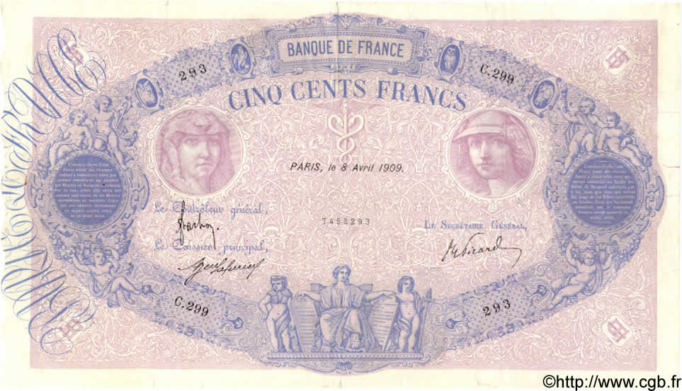 500 Francs BLEU ET ROSE FRANCIA  1909 F.30.17 MBC