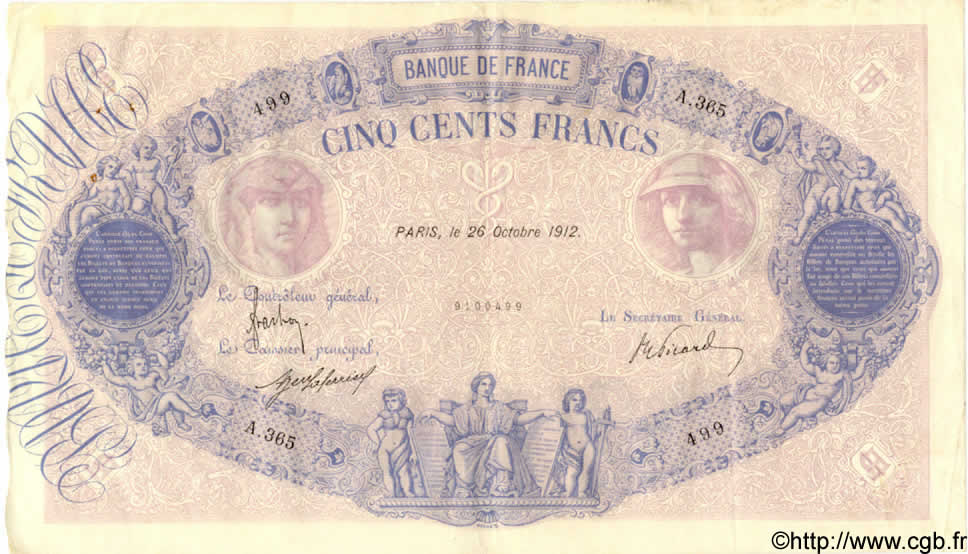 500 Francs BLEU ET ROSE FRANCIA  1912 F.30.20 MBC