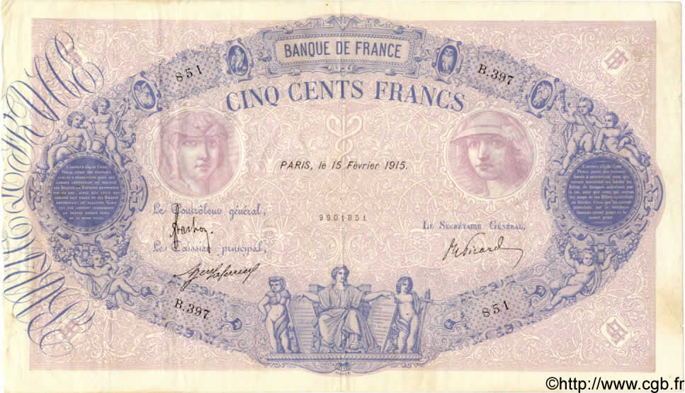 500 Francs BLEU ET ROSE FRANCIA  1915 F.30.22 MBC+