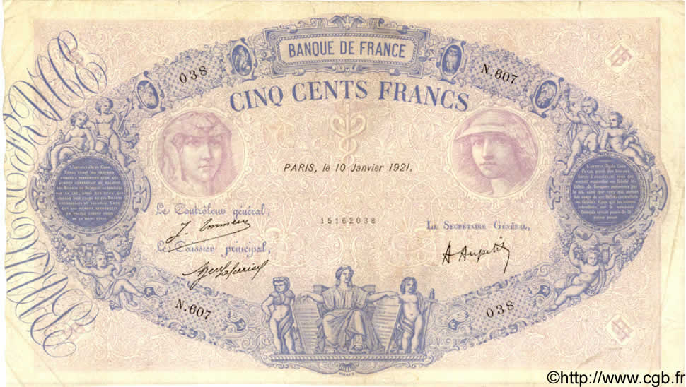 500 Francs BLEU ET ROSE FRANCIA  1921 F.30.25 BC+