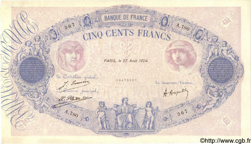 500 Francs BLEU ET ROSE FRANCE  1924 F.30.28 XF-