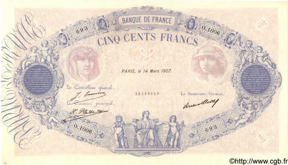 500 Francs BLEU ET ROSE FRANCE  1927 F.30.30 XF