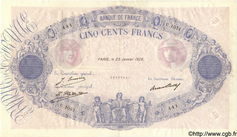 500 Francs BLEU ET ROSE FRANCE  1928 F.30.31 VF+