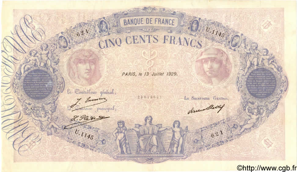 500 Francs BLEU ET ROSE FRANCE  1929 F.30.32 VF