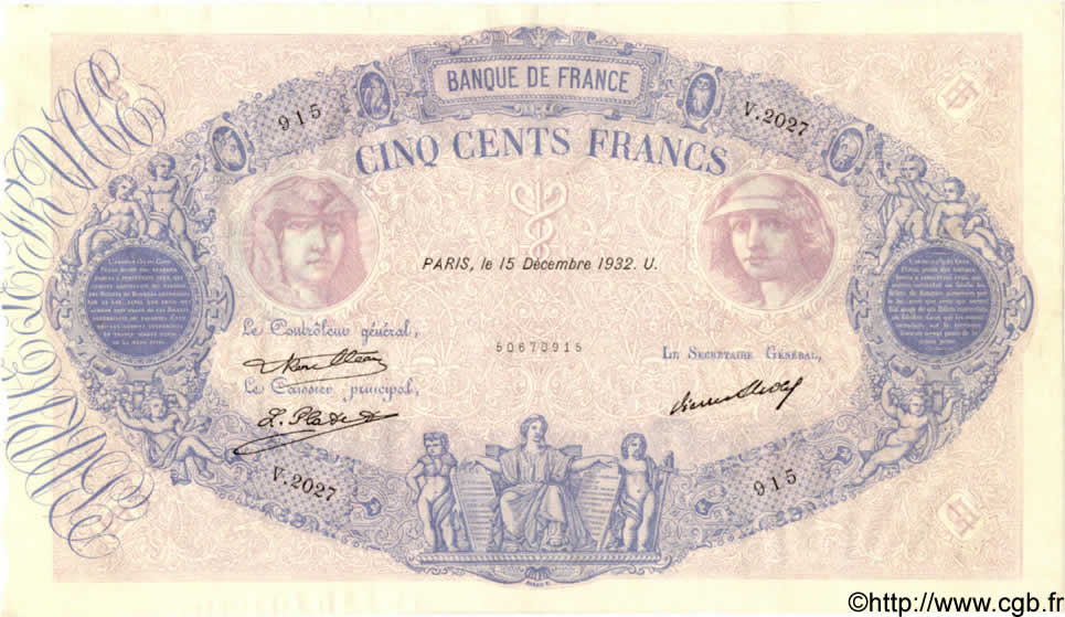 500 Francs BLEU ET ROSE FRANCE  1932 F.30.35 XF-