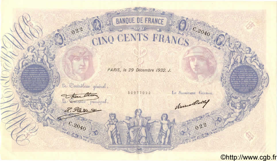 500 Francs BLEU ET ROSE FRANCE  1932 F.30.35 XF+