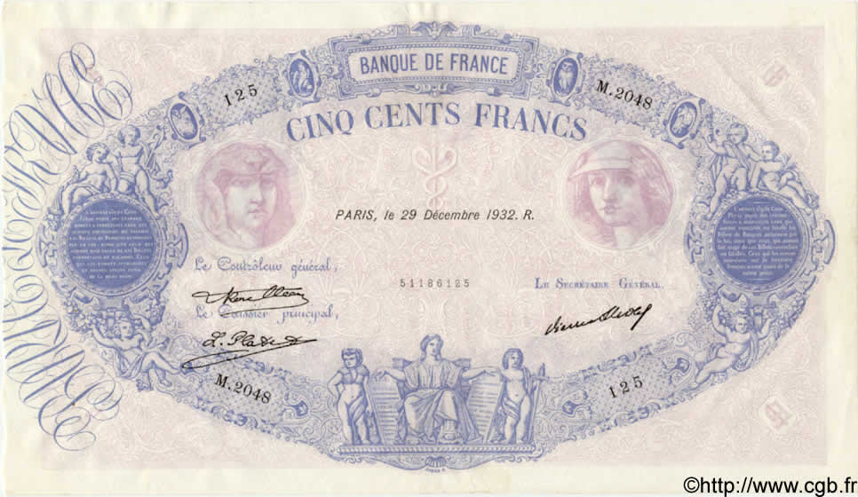 500 Francs BLEU ET ROSE FRANKREICH  1932 F.30.35 VZ