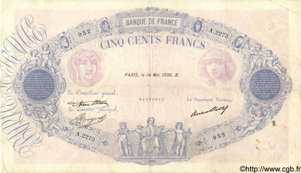 500 Francs BLEU ET ROSE FRANCIA  1936 F.30.37 MBC