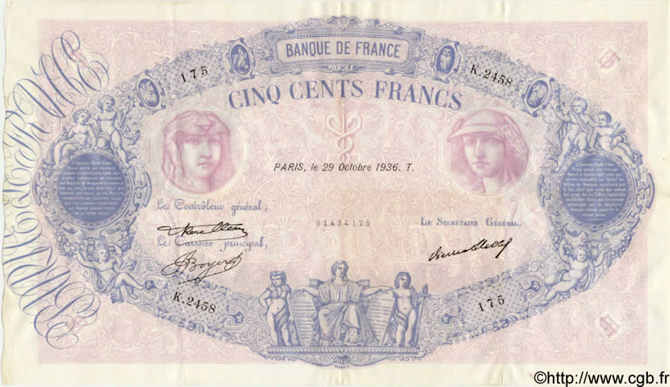 500 Francs BLEU ET ROSE FRANCIA  1936 F.30.37 q.SPL