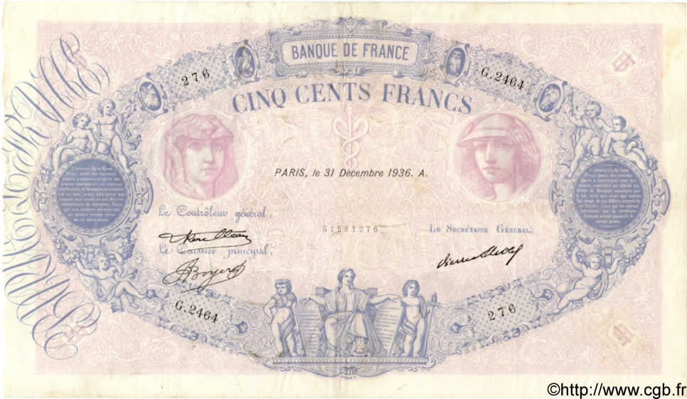 500 Francs BLEU ET ROSE FRANCIA  1936 F.30.37 MBC+