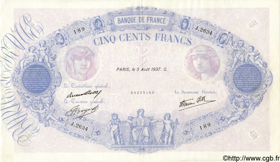500 Francs BLEU ET ROSE modifié FRANCE  1937 F.31.01 VF+