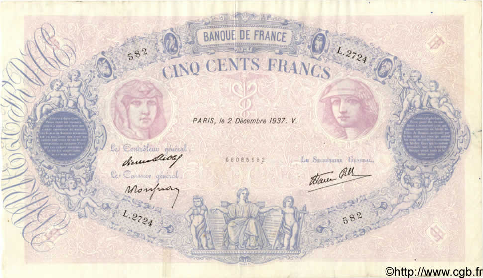 500 Francs BLEU ET ROSE modifié FRANKREICH  1937 F.31.04 SS