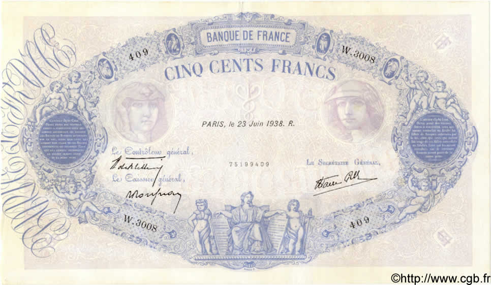 500 Francs BLEU ET ROSE modifié FRANKREICH  1938 F.31.16 fVZ