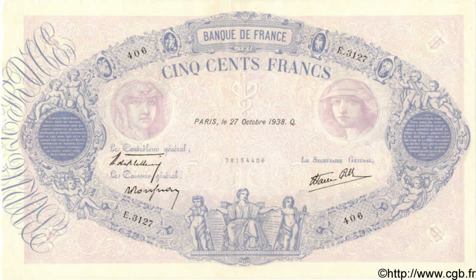 500 Francs BLEU ET ROSE modifié FRANCIA  1938 F.31.21 SPL+