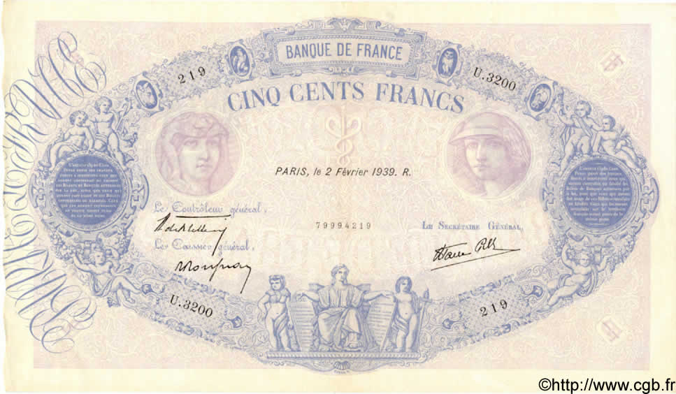 500 Francs BLEU ET ROSE modifié FRANCIA  1939 F.31.24 q.SPL