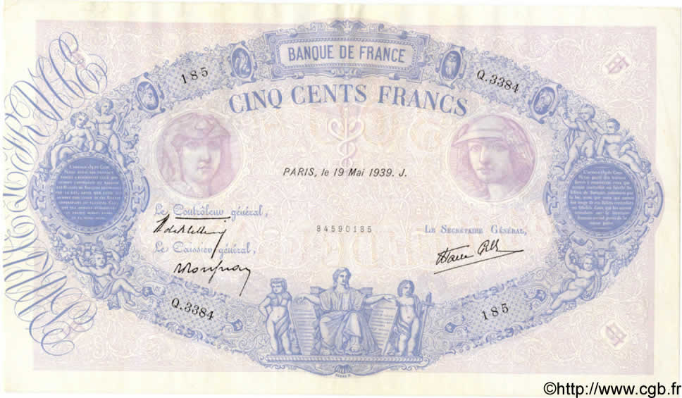 500 Francs BLEU ET ROSE modifié FRANKREICH  1939 F.31.32 fVZ