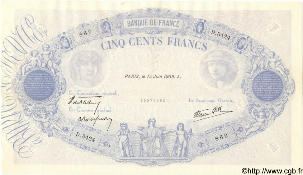 500 Francs BLEU ET ROSE modifié FRANCIA  1939 F.31.34 MBC