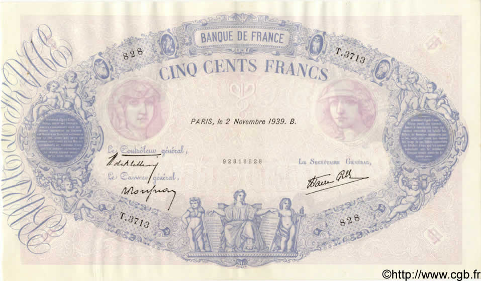 500 Francs BLEU ET ROSE modifié FRANCIA  1939 F.31.46 q.AU