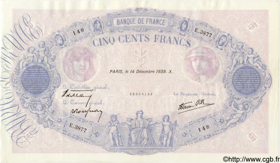 500 Francs BLEU ET ROSE modifié FRANCIA  1939 F.31.52 EBC