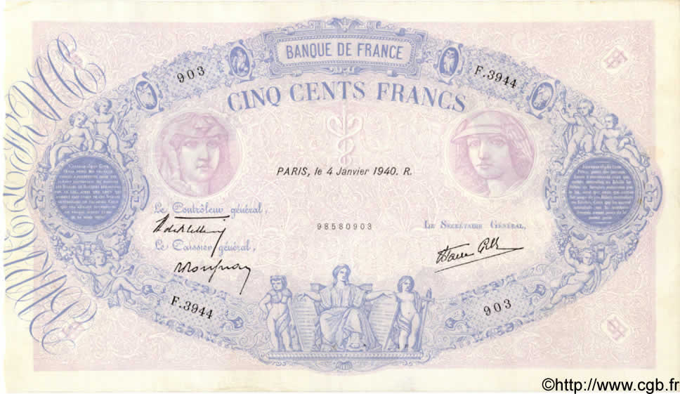 500 Francs BLEU ET ROSE modifié FRANCE  1940 F.31.55 VF+