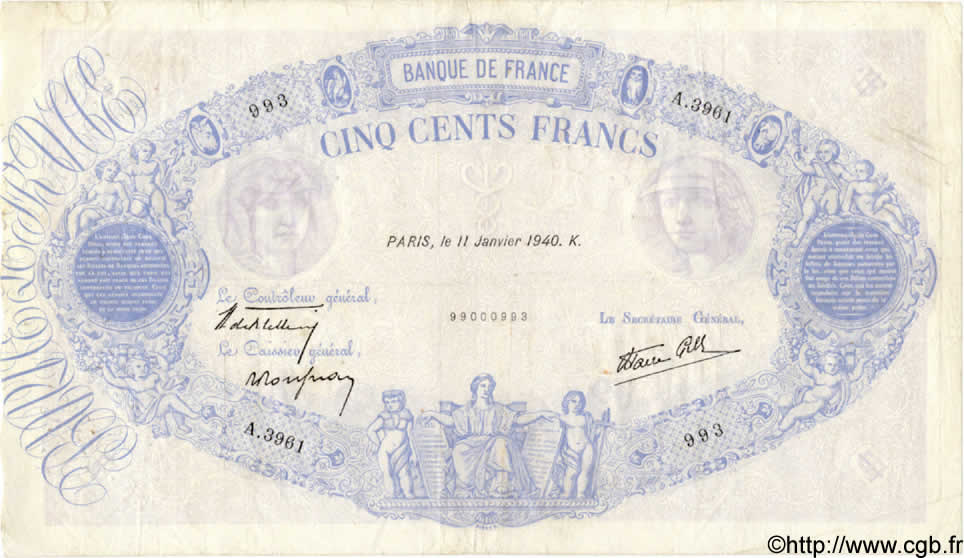 500 Francs BLEU ET ROSE modifié FRANKREICH  1940 F.31.56 S