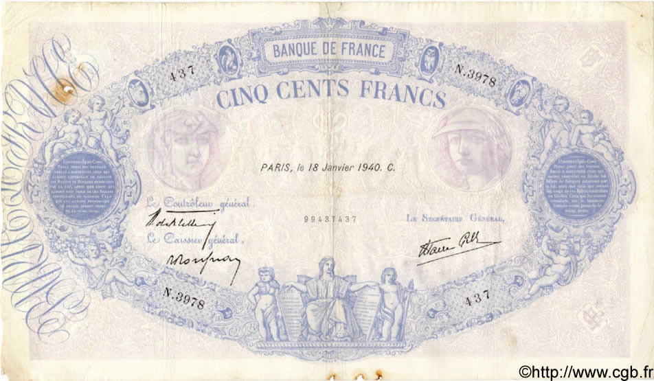 500 Francs BLEU ET ROSE modifié FRANCE  1940 F.31.57 F