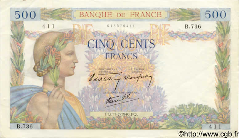 500 Francs LA PAIX FRANKREICH  1940 F.32.04 VZ