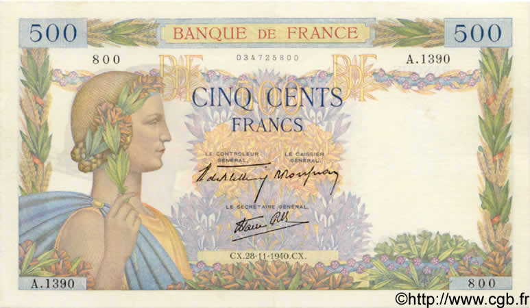 500 Francs LA PAIX FRANKREICH  1940 F.32.09 fST