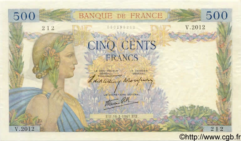 500 Francs LA PAIX FRANCIA  1941 F.32.13 BB