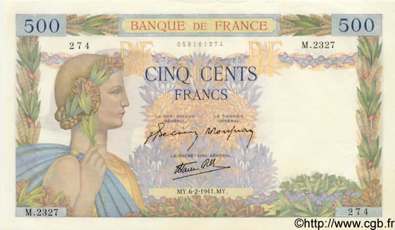 500 Francs LA PAIX FRANCE  1941 F.32.14 UNC-