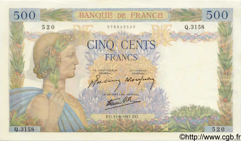 500 Francs LA PAIX FRANCE  1941 F.32.18 UNC-