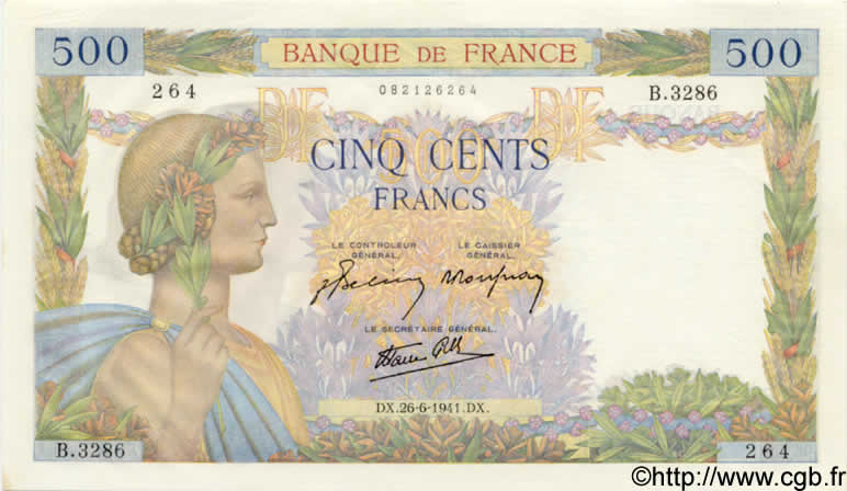 500 Francs LA PAIX FRANKREICH  1941 F.32.19 fST+