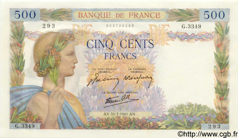500 Francs LA PAIX FRANCE  1941 F.32.20 NEUF
