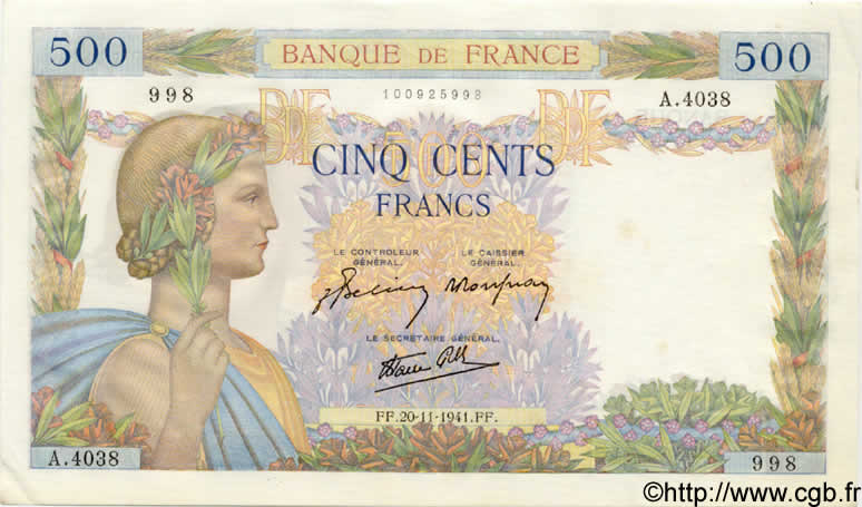 500 Francs LA PAIX FRANCE  1941 F.32.24 UNC-