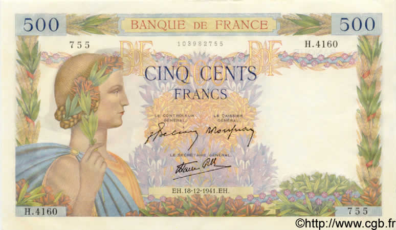 500 Francs LA PAIX FRANCE  1941 F.32.25 UNC-