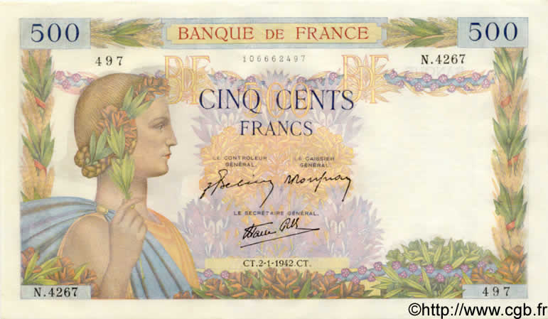 500 Francs LA PAIX FRANKREICH  1942 F.32.26 fST+