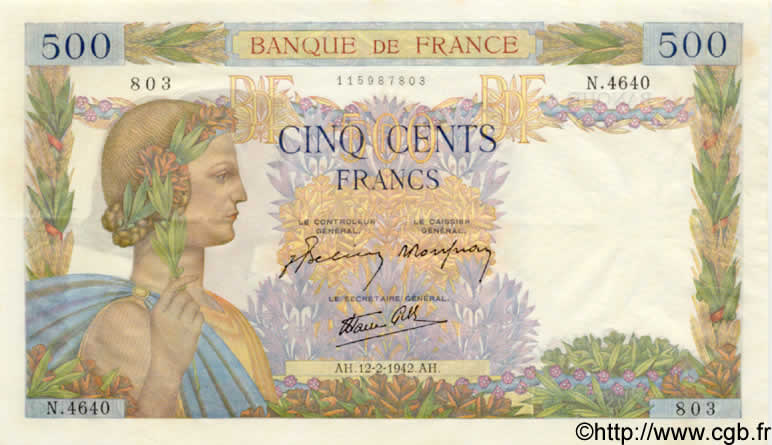 500 Francs LA PAIX FRANKREICH  1942 F.32.29 fST