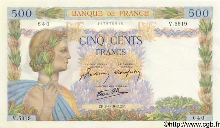 500 Francs LA PAIX FRANKREICH  1942 F.32.34 ST