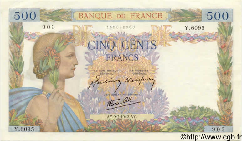 500 Francs LA PAIX FRANCE  1942 F.32.36 UNC