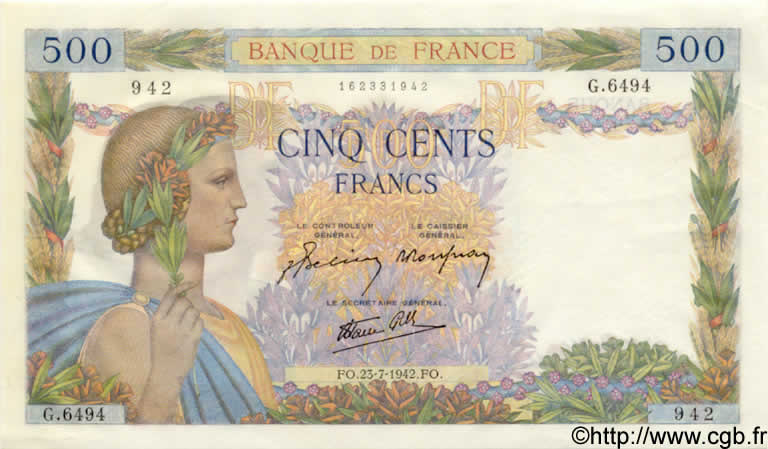 500 Francs LA PAIX FRANCIA  1942 F.32.38 q.FDC