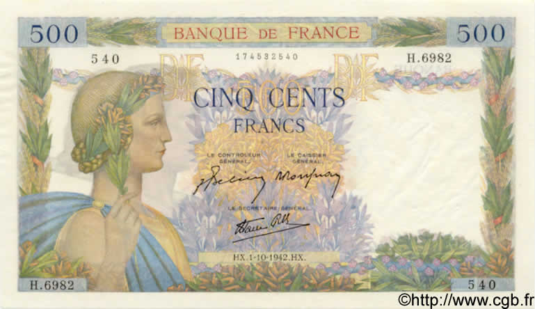 500 Francs LA PAIX FRANCE  1942 F.32.41 pr.NEUF