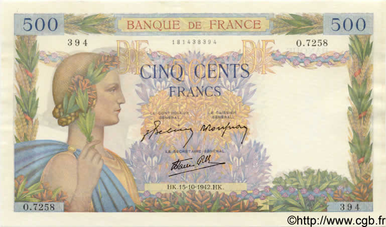 500 Francs LA PAIX FRANKREICH  1942 F.32.42 fST+