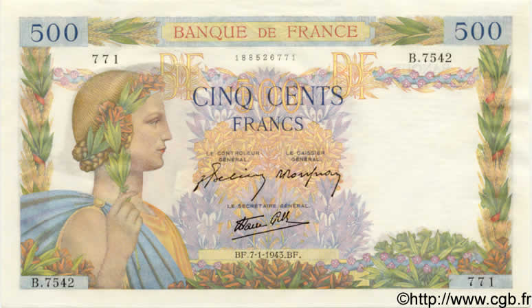 500 Francs LA PAIX FRANCE  1943 F.32.44 UNC