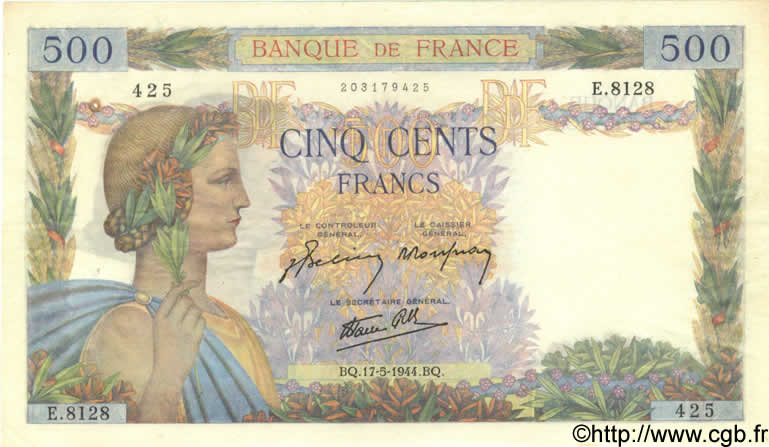 500 Francs LA PAIX FRANCIA  1944 F.32.47 EBC