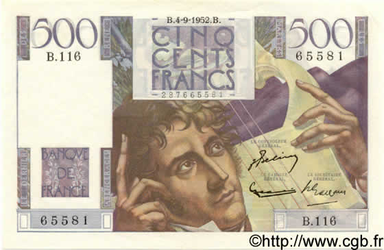 500 Francs CHATEAUBRIAND FRANKREICH  1952 F.34.10 fST+