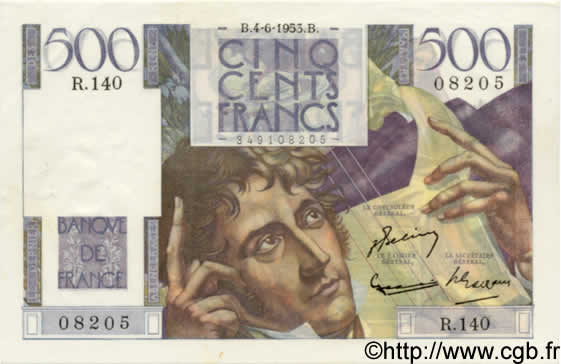 500 Francs CHATEAUBRIAND FRANKREICH  1953 F.34.12 VZ+ to fST
