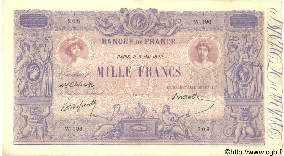 1000 Francs BLEU ET ROSE FRANCIA  1892 F.36.04 EBC